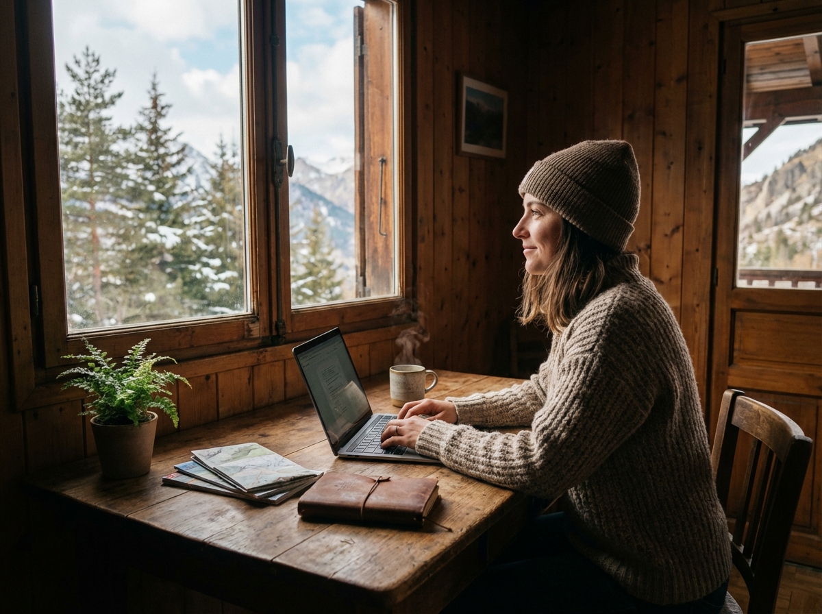 Femme travaillant dans une cabane alpine avec vue sur Gap