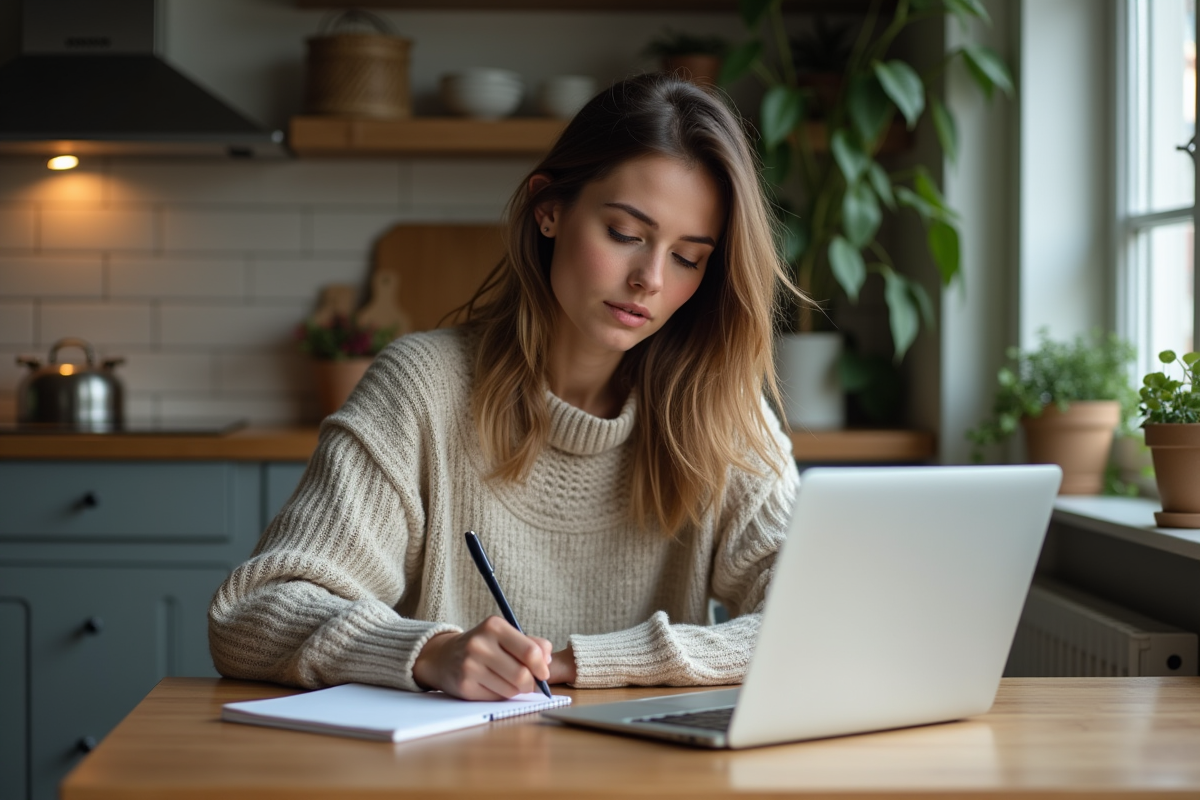 Jeune femme travaillant à domicile avec ordinateur et notes