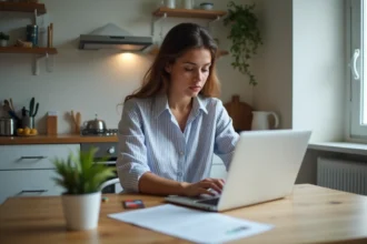 Jeune femme travaillant sur son ordinateur dans une cuisine moderne