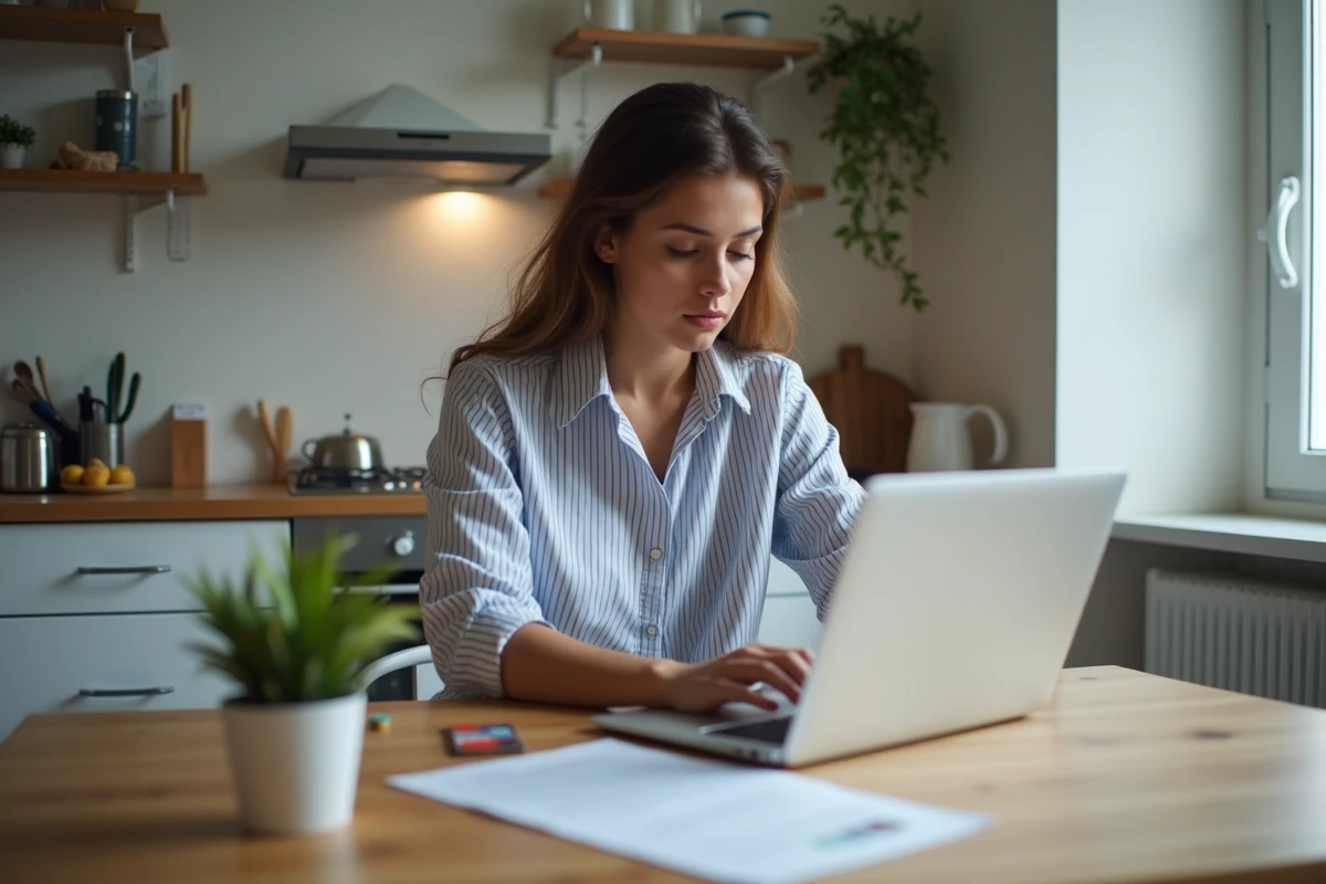 Jeune femme travaillant sur son ordinateur dans une cuisine moderne