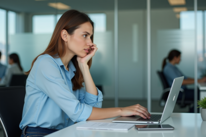 Femme concentrée travaillant sur un ordinateur en bureau moderne
