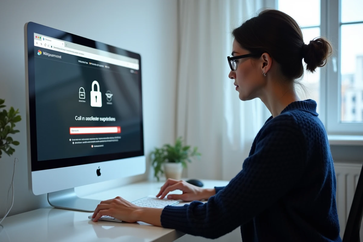 Femme avec lunettes analysant une URL suspecte sur un grand écran, vigilante face aux malwares