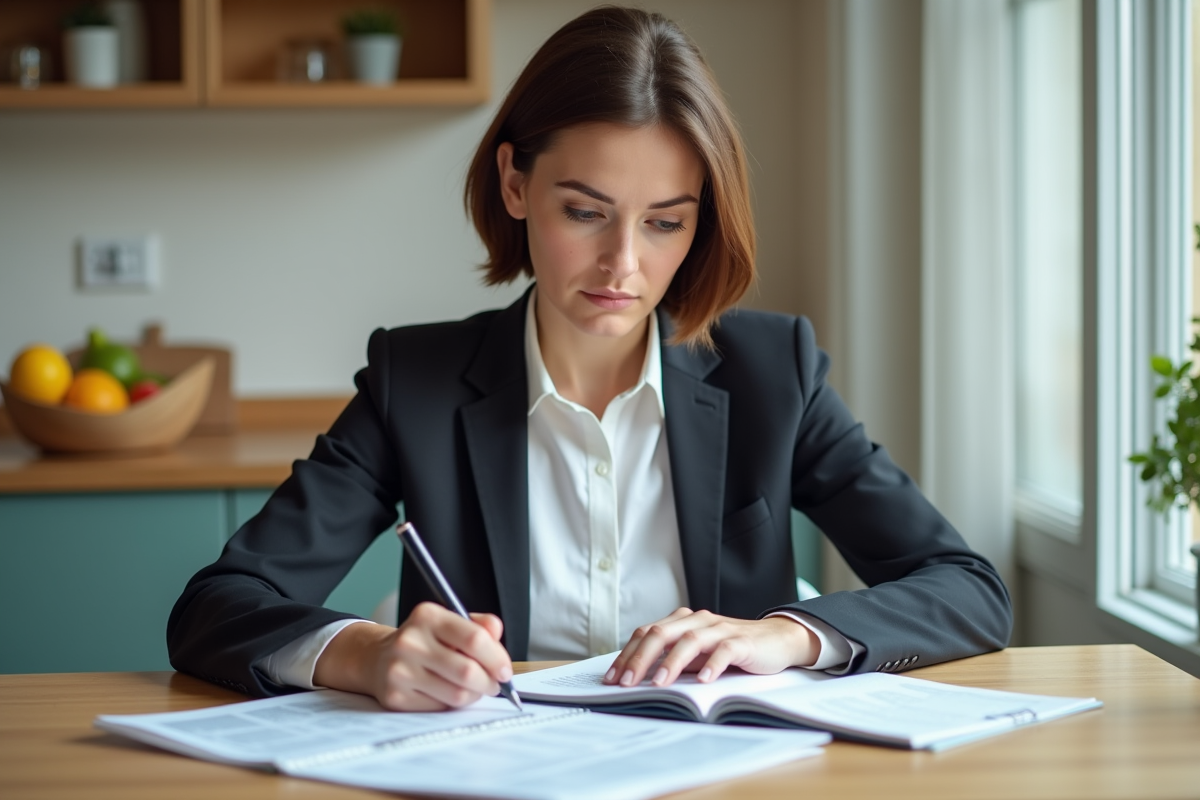Femme d'âge moyen examinant des rapports d'évaluation immobilière dans une cuisine lumineuse
