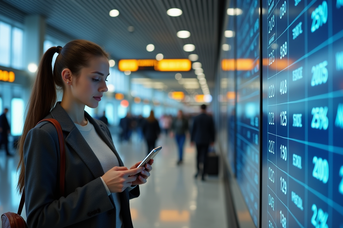 Jeune femme vérifiant les taux de change à l