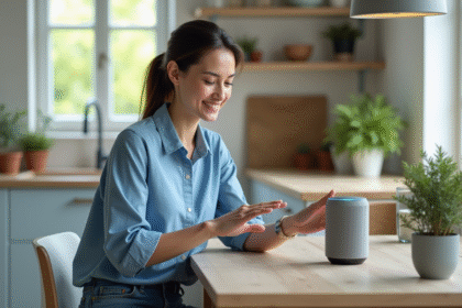 Jeune femme interagissant avec un assistant vocal dans la cuisine