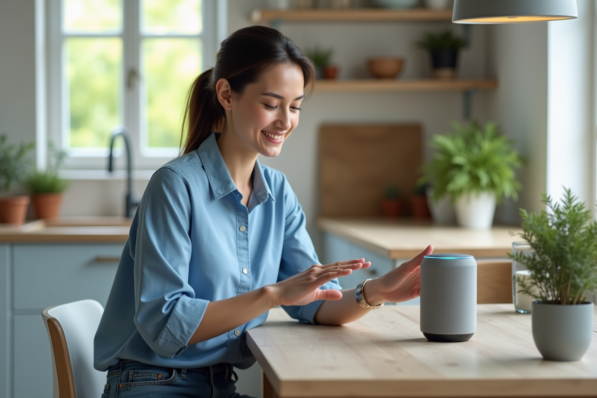 Jeune femme interagissant avec un assistant vocal dans la cuisine
