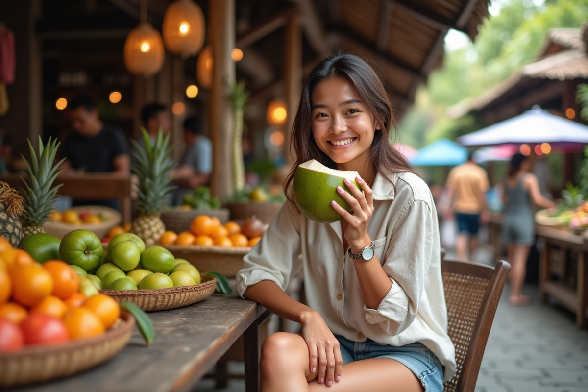 Femme voyageuse dégustant noix de coco au marché balinais