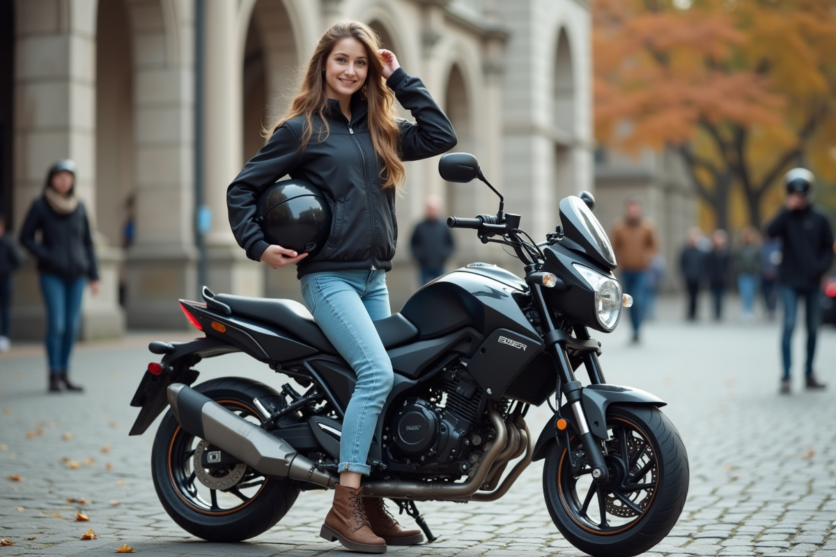 Jeune fille en veste sportive ajuste son casque devant sa moto en ville