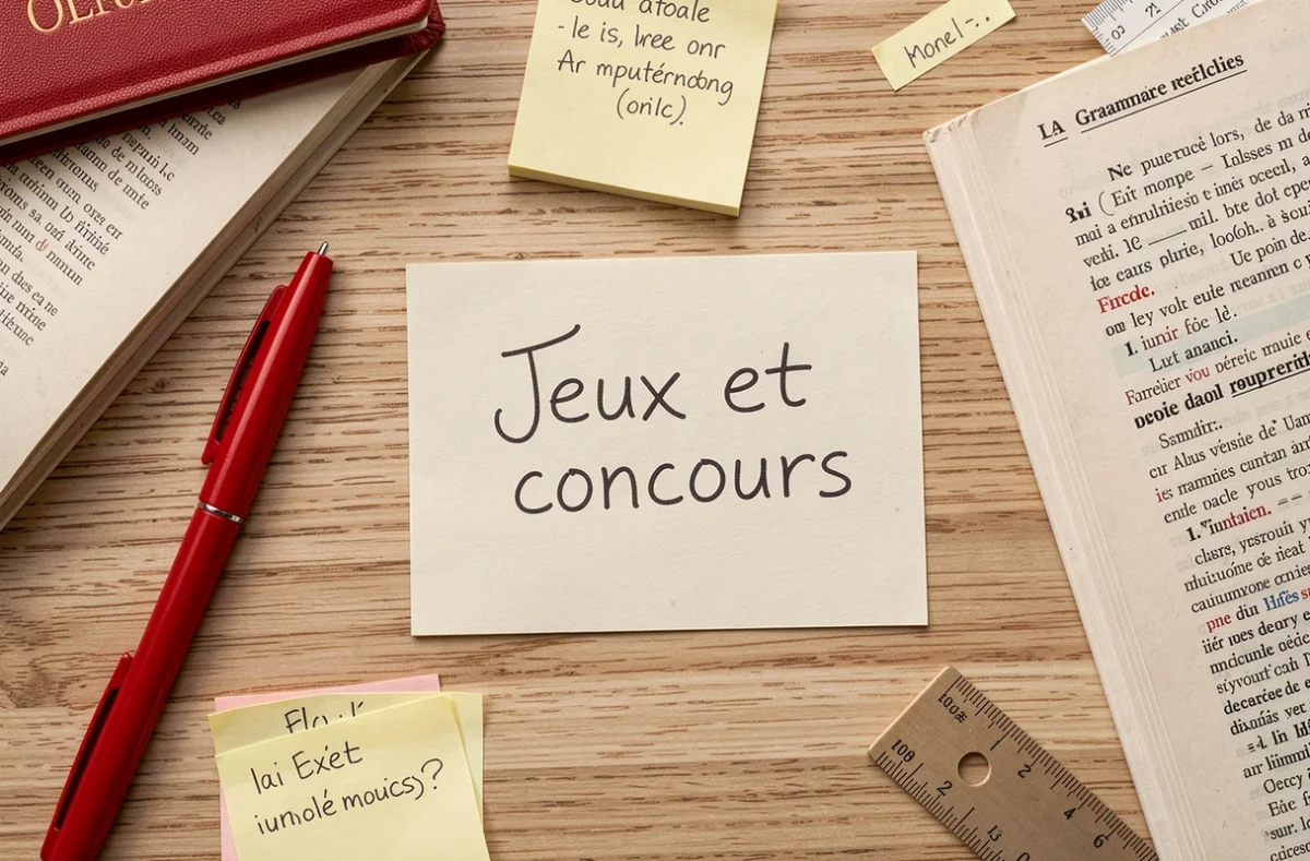Vue aérienne d'une fiche mémo manuscrite sur l'orthographe de jeux et concours posée sur un bureau en bois