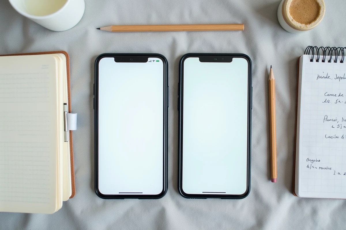 Flat-lay de deux smartphones affichant une conversation avec une faute d'orthographe courante dans un message envoyé