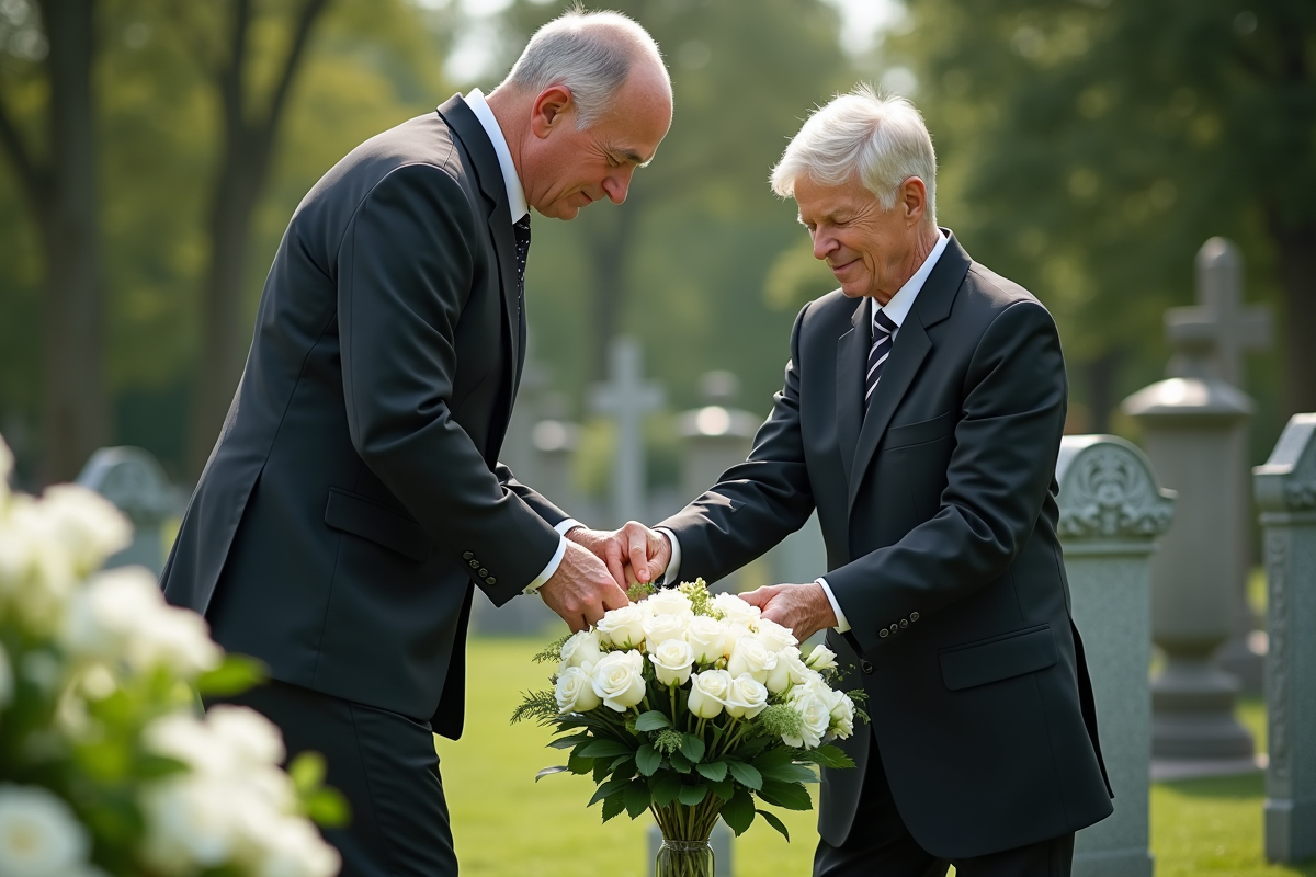 Deux pompiers disposant des fleurs blanches au cimetière