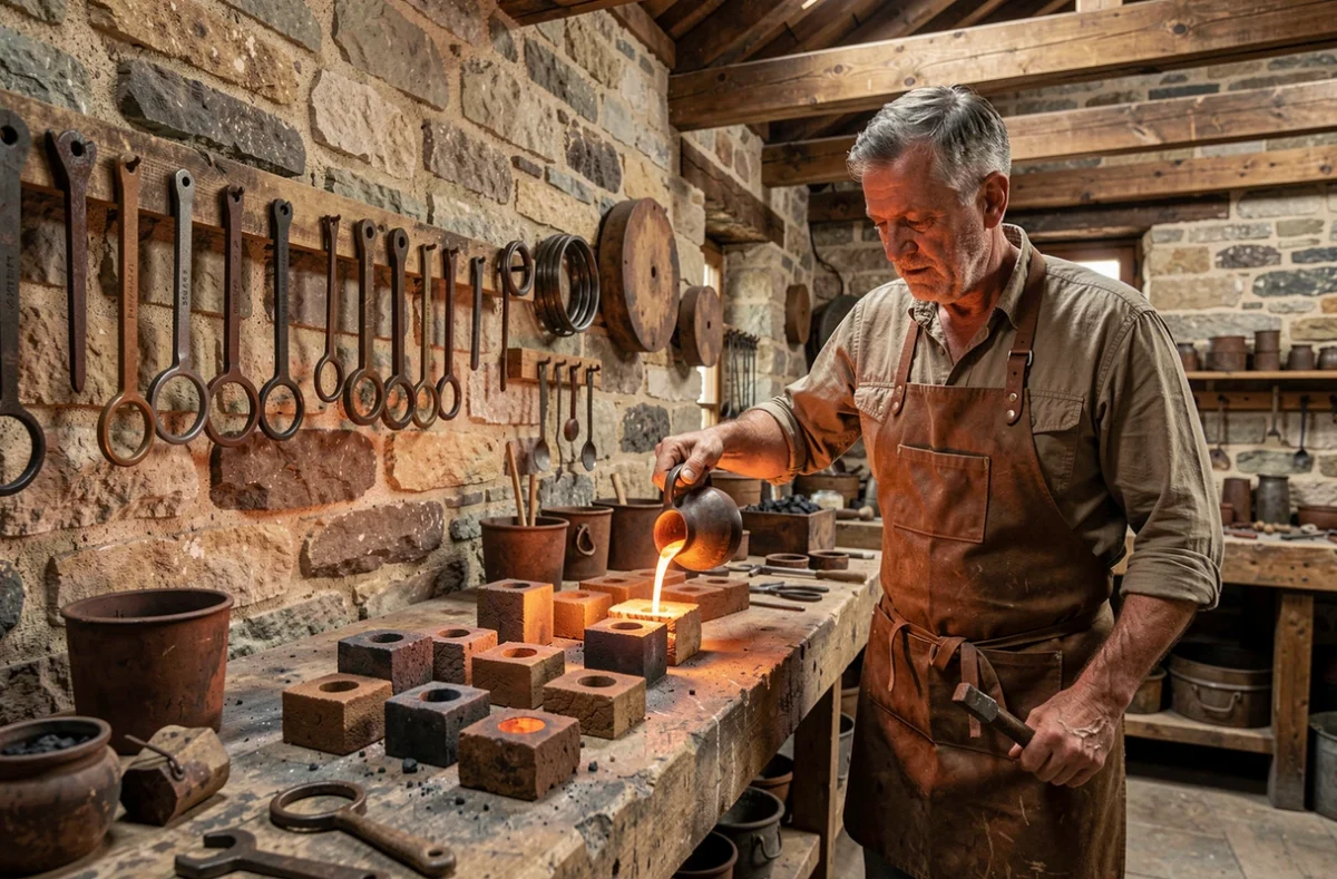 Artisan fondeur travaillant le métal dans l'atelier de La Fonderie de Chalautre