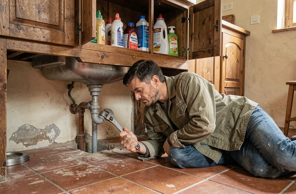 Artisan plombier travaillant sous un évier dans une cuisine de maison ancienne en Mayenne