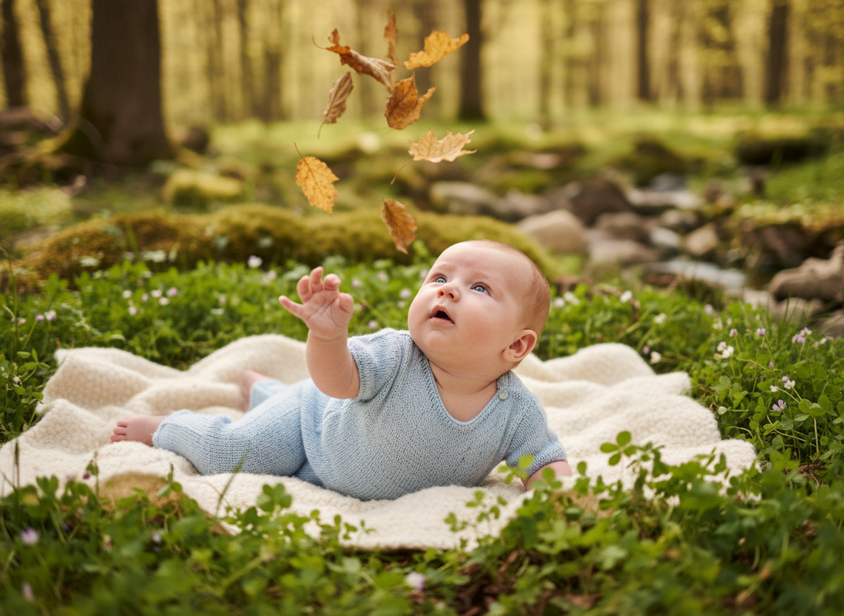 Bébé garçon dans la nature entouré de fleurs et feuilles tombées
