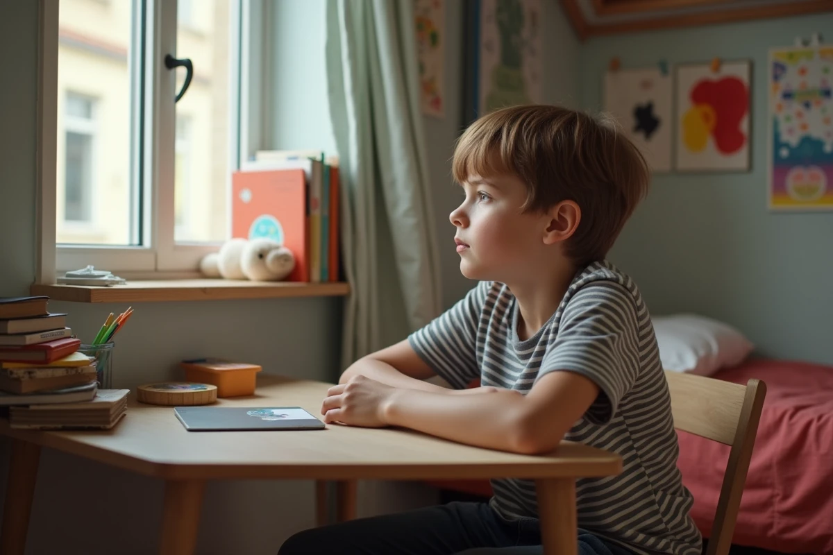 Garçon pensif de 10 ans dans sa chambre lumineuse