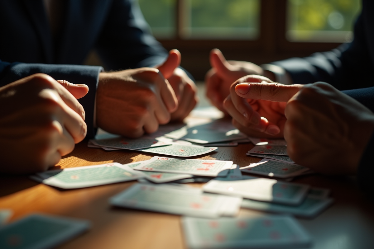 Mains faisant des gestes secrets avec des cartes à jouer