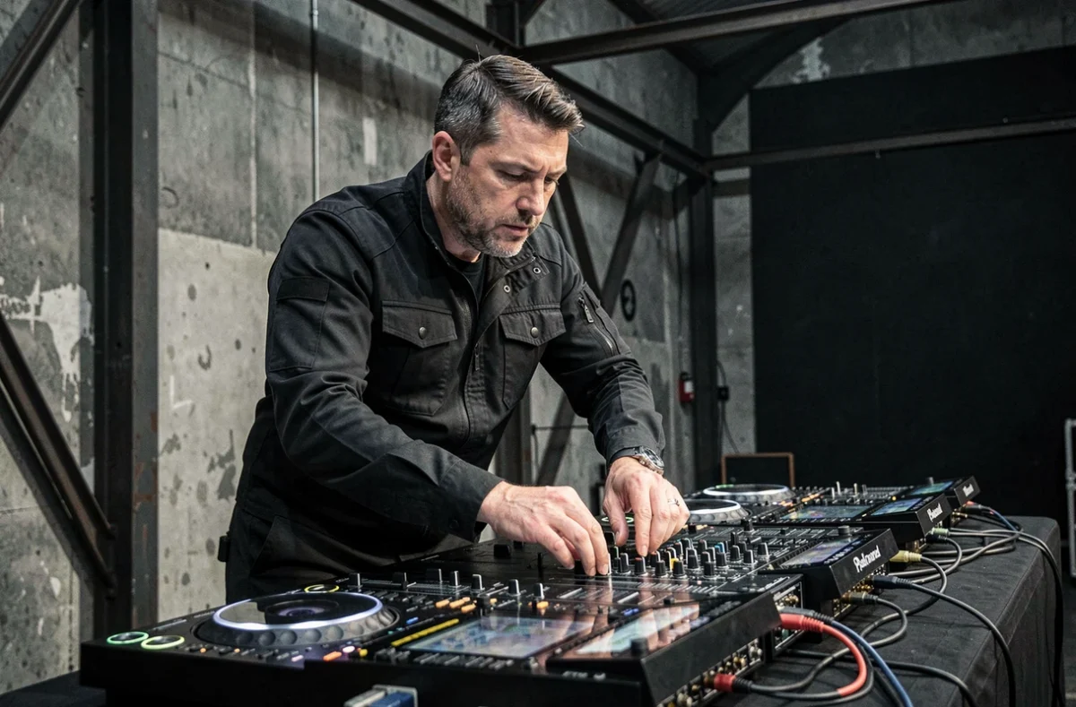 Goran-K, DJ techno de Bordeaux, en performance intense dans une salle événementielle industrielle