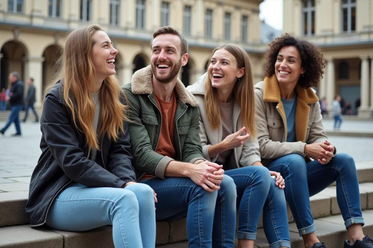 Groupe d'amis souriants sur les escaliers de Bordeaux