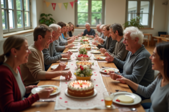 Groupe divers d'adultes souriants lors d'une fête d'anniversaire