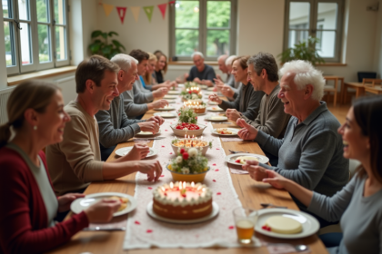 Groupe divers d'adultes souriants lors d'une fête d'anniversaire