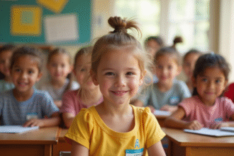 Groupe d'enfants souriants dans une classe ensoleillée