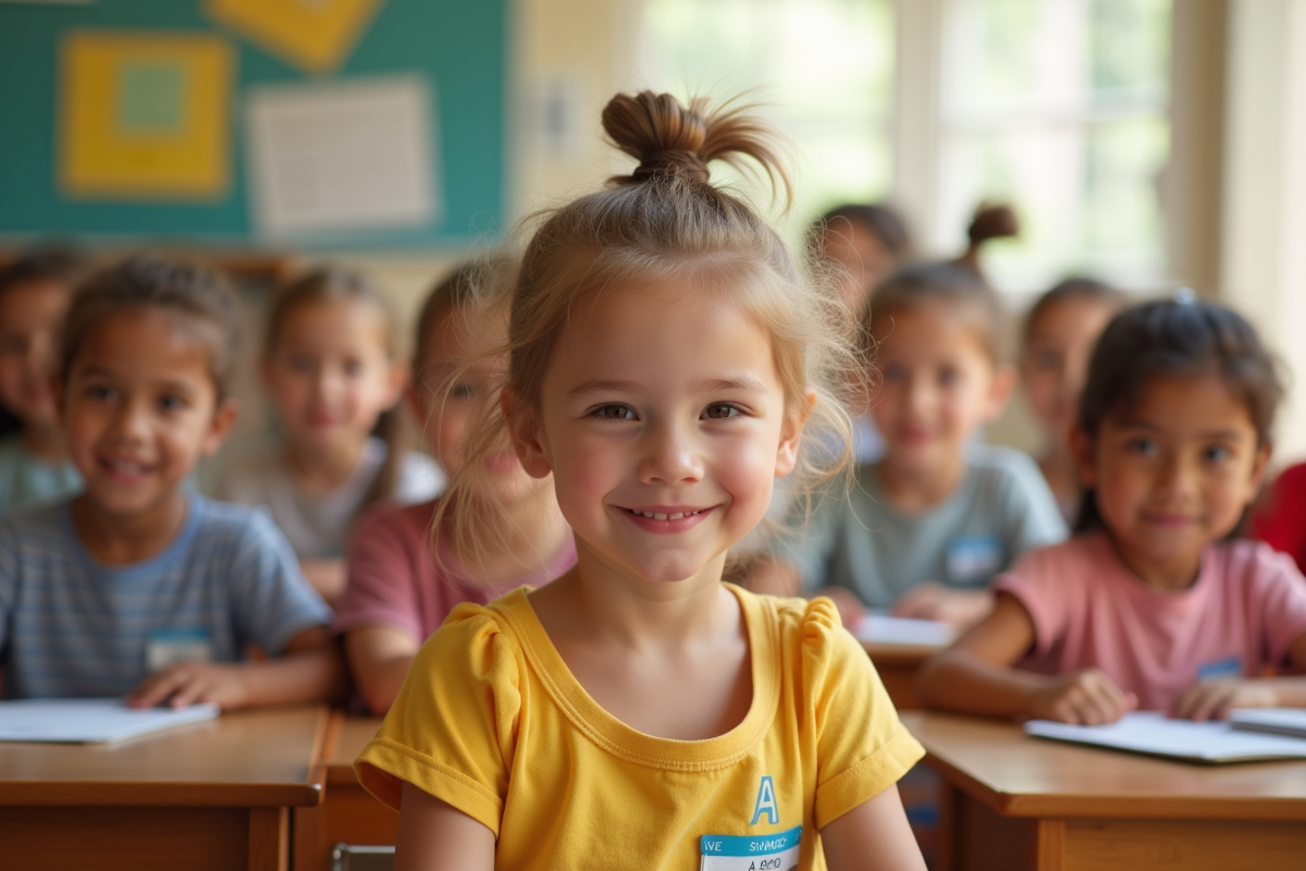 Groupe d'enfants souriants dans une classe ensoleillée