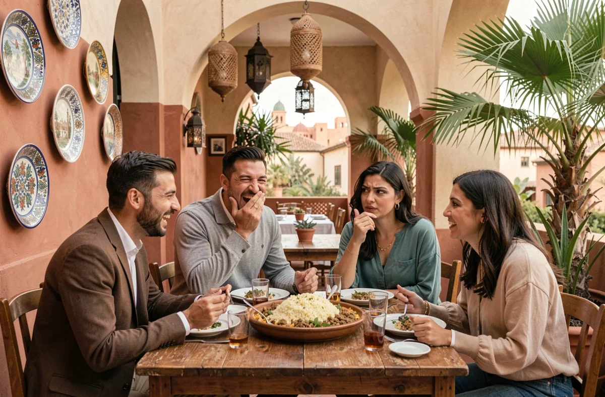 Groupe d'amis français et marocains partageant un repas et échangeant des blagues culturelles en terrasse à Marrakech