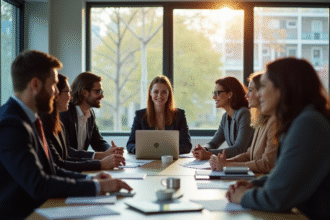 Groupe de jeunes professionnels tech collaborant dans un bureau lumineux