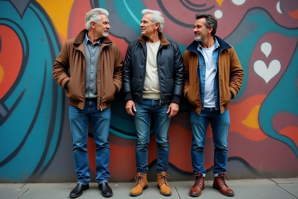 Trois adultes dont un homme ressemblant à Marc Lavoine devant un mur parisien