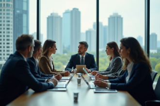 Groupe de professionnels en réunion dans un bureau moderne