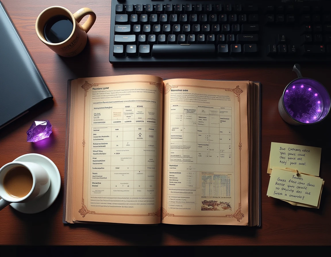 Guide imprimé de la quête Dofus Pourpre posé sur un bureau avec notes manuscrites et gemme violette décorative