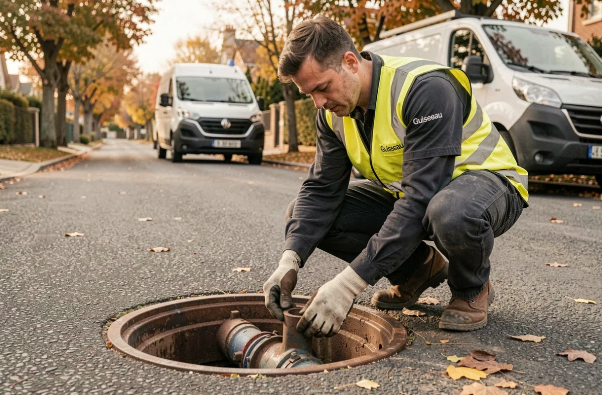 Plombier de Guisseau SARL intervenant sur un réseau de canalisation souterrain dans une rue pavillonnaire