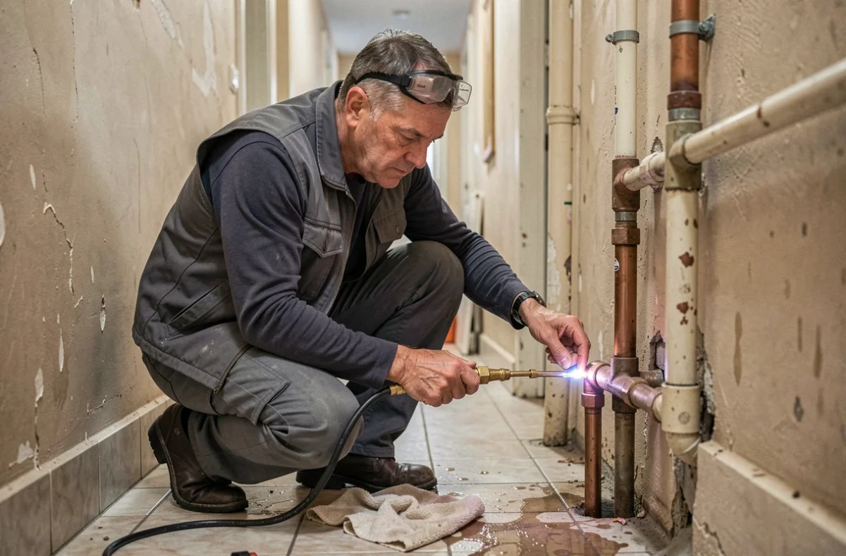 Plombier en intervention d'urgence réparant une fuite de canalisation dans une salle de bain en Mayenne