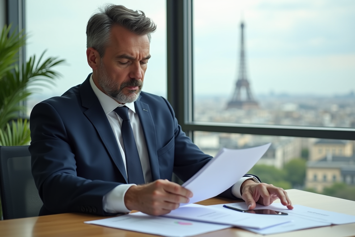 Homme d'affaires en costume dans un bureau parisien