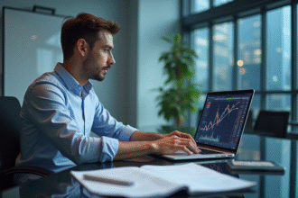 Homme d'affaires analysant des graphiques de devises dans un bureau moderne