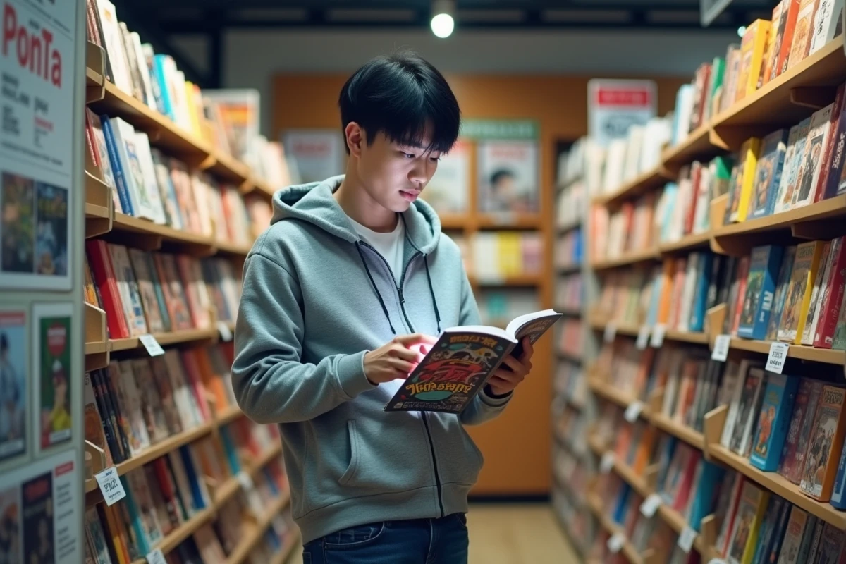 Homme consultant une application de suivi manga dans une librairie spécialisée pour gérer ses sorties hebdomadaires