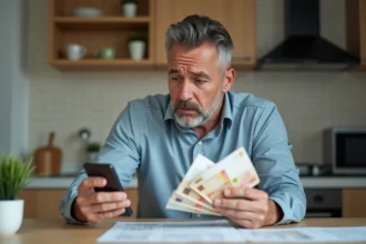 Homme d affaires confus avec argent et smartphone