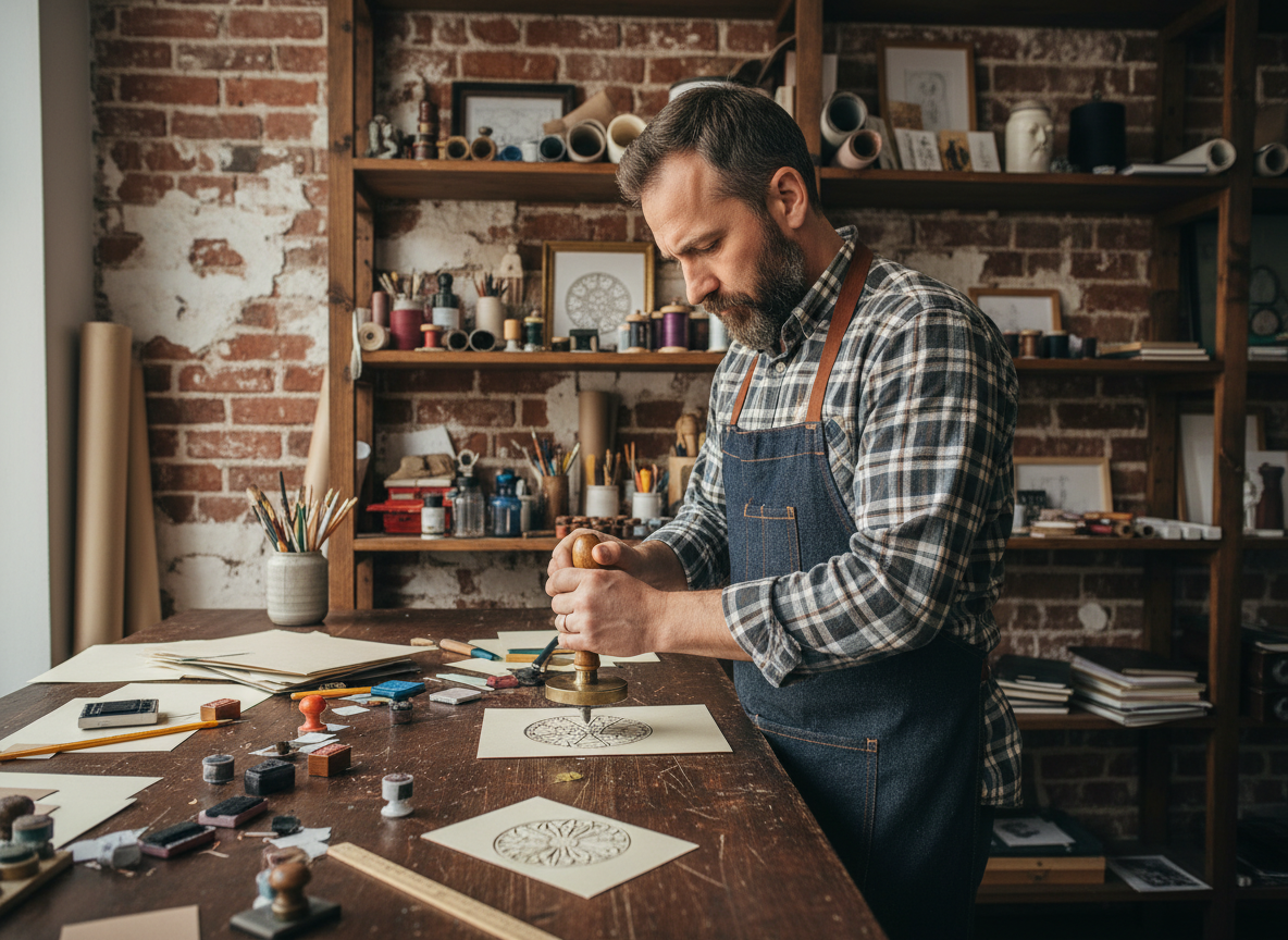 Homme dans un atelier pressant une carte embossée