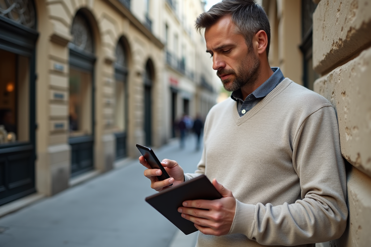 Homme vérifiant son smartphone devant une banque parisienne