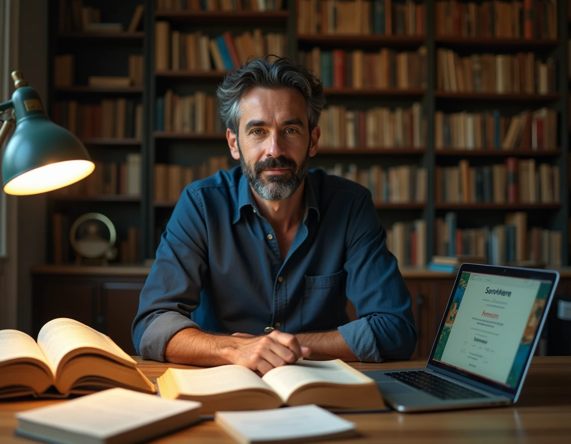 Homme passionné de mots devant un ordinateur avec des dictionnaires ouverts, évoquant l'univers des jeux de sémantique comme Cémantix