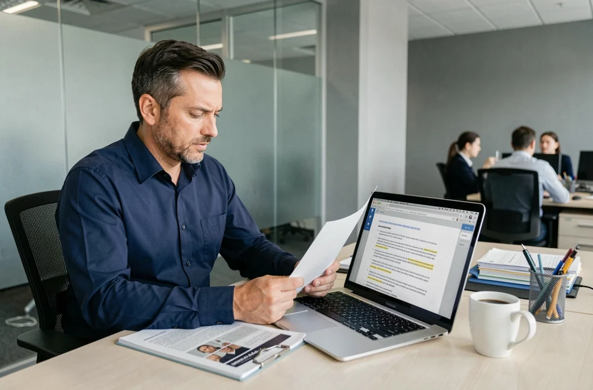 Homme en bureau consultant un guide de style sur les règles d'orthographe pour jeux et concours