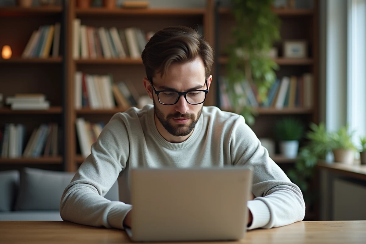 Homme assis à un bureau regardant un ordinateur portable