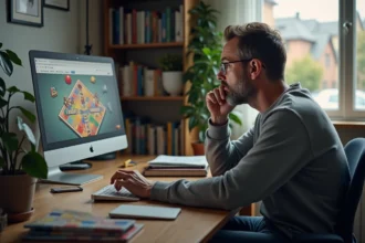 Homme d'âge moyen dans un bureau à domicile regardant un écran d'ordinateur