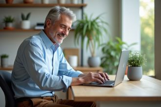 Homme d'âge moyen utilisant un ordinateur portable dans un bureau moderne
