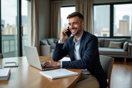 Homme d'âge moyen en blazer et chinos dans un appartement moderne