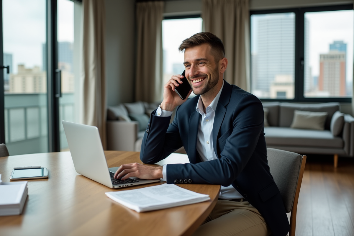 Homme d'âge moyen en blazer et chinos dans un appartement moderne