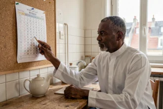 Homme consultant un calendrier des heures de prière affiché dans une cuisine à Roubaix
