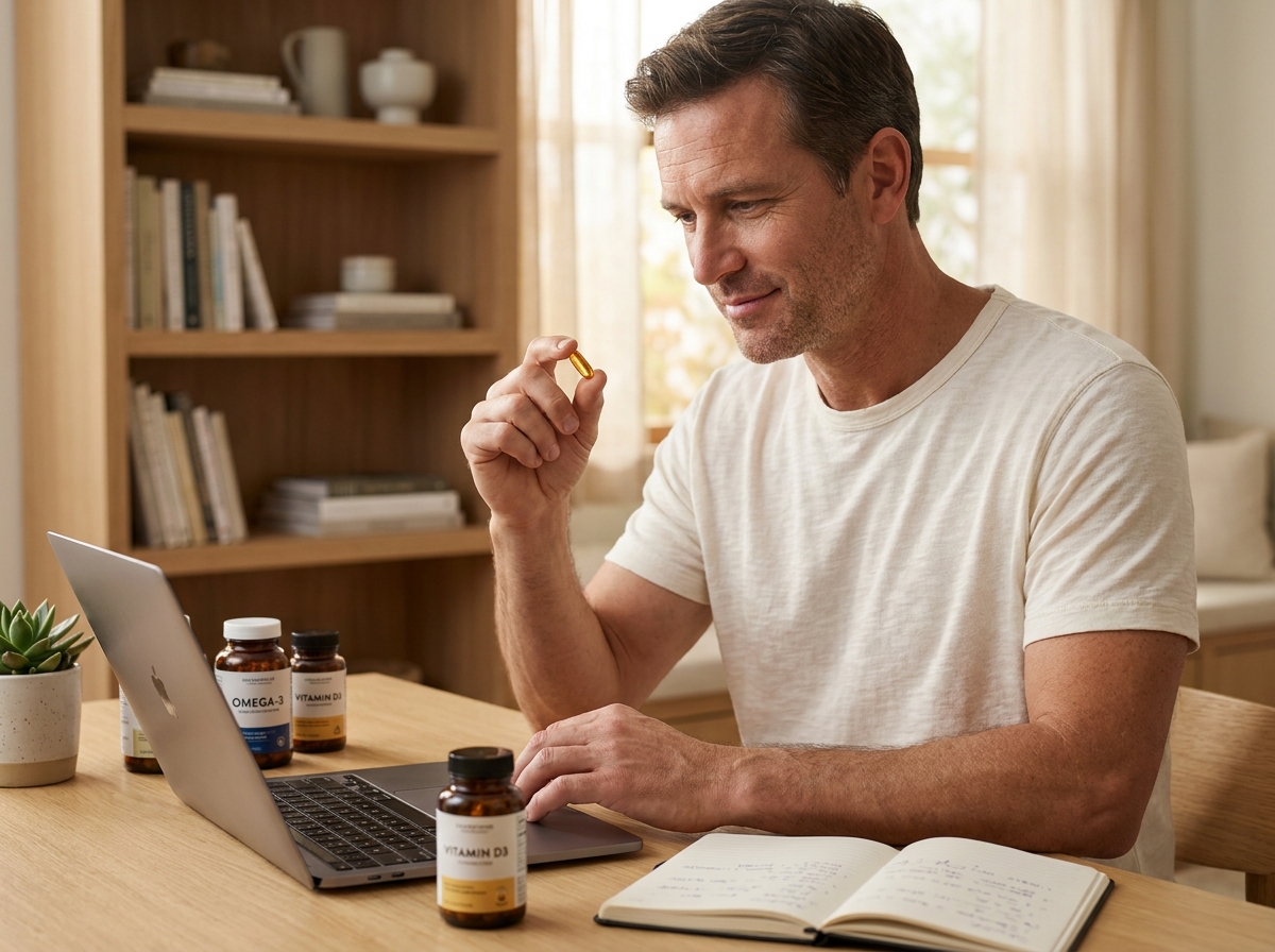Homme consultant des informations sur un ordinateur portable pour choisir des compléments naturels à son bureau à domicile