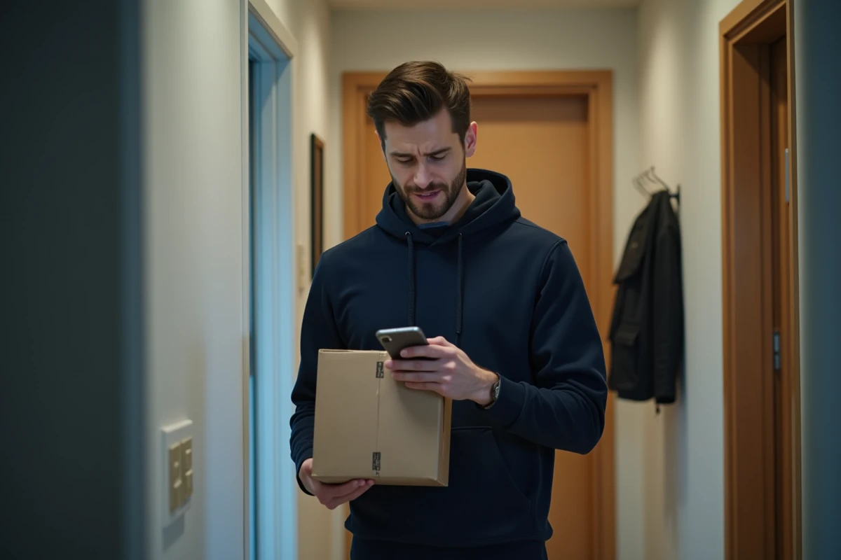 Homme tenant un colis Vinted Go devant sa porte d'entrée et vérifiant le suivi bloqué sur son téléphone
