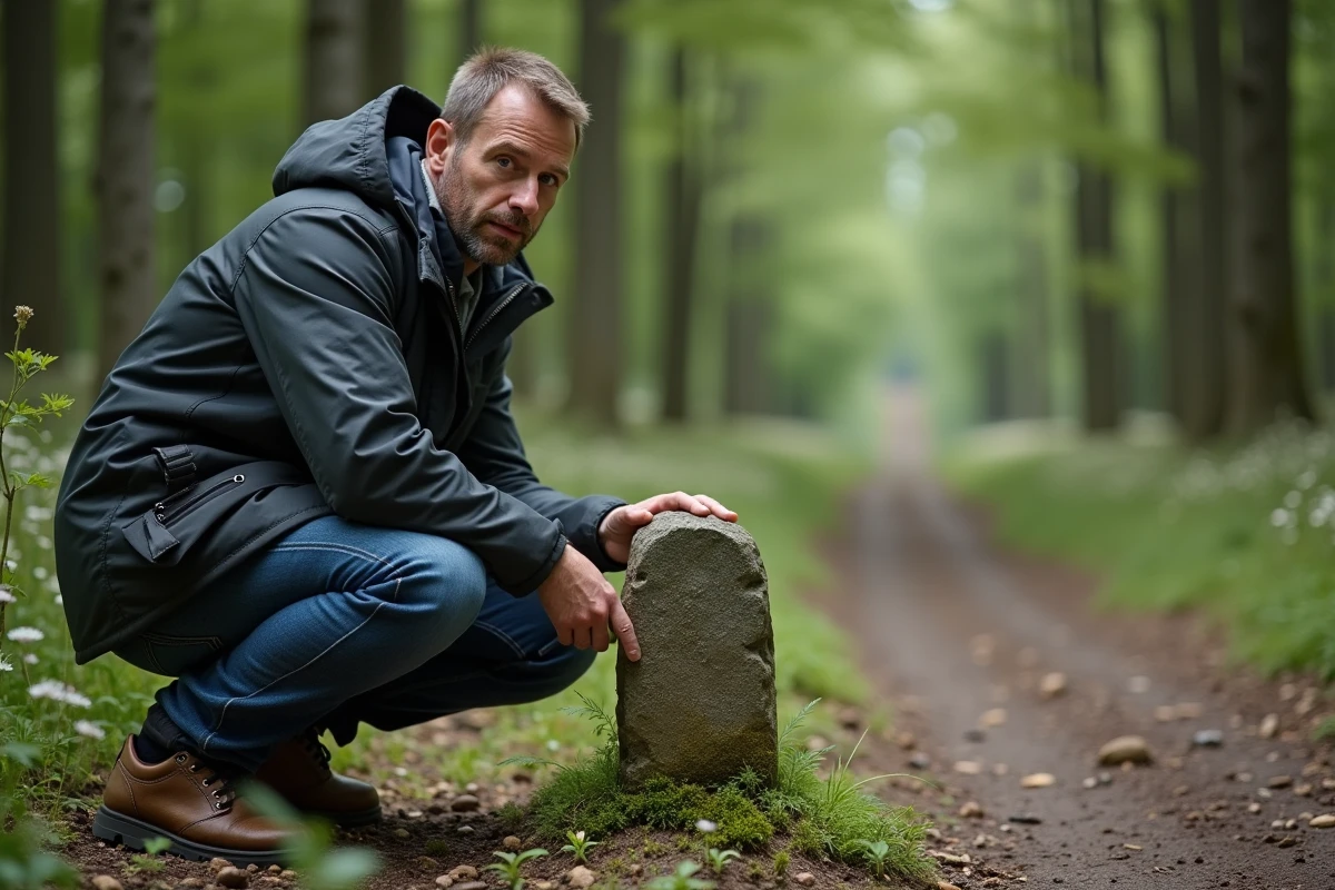 Homme explorant une pierre mossée en forêt lors d
